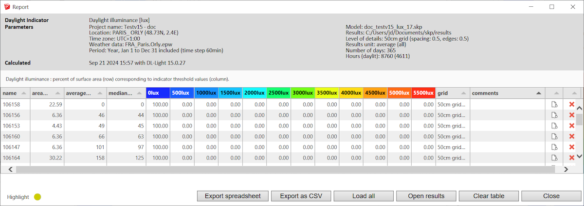 DL-Light extension Lux Report dialog