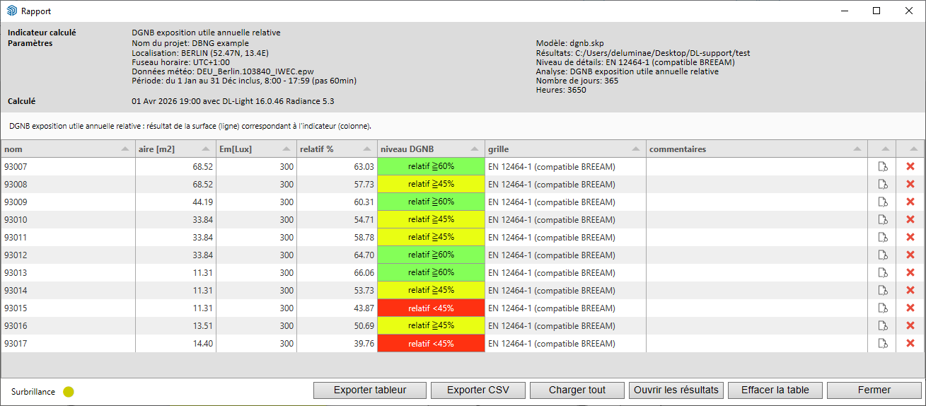 DL-Light extension daylight autonomy DA autonomie lumineuse Report dialog